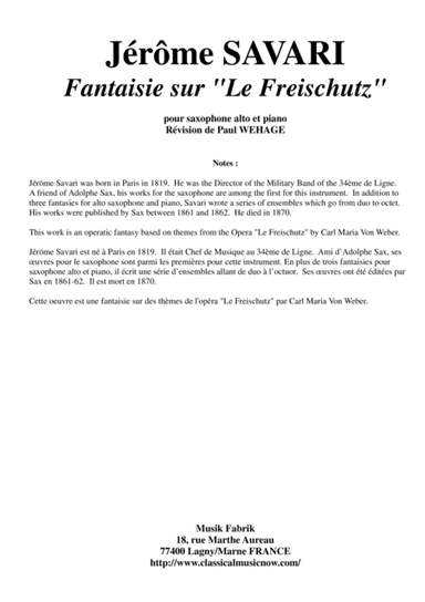 Jerome Savari : Fantaisie sur "Le Freischutz" for alto saxophone and piano (arr. Musik Fabrik Music Publishing)