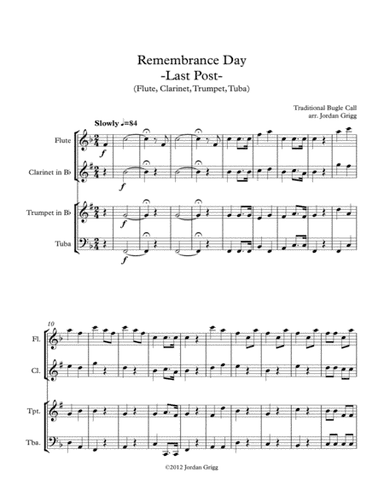 Remembrance Day. 'Last Post' (Flute, Clarinet, Trumpet, Tuba) (arr. Jordan Grigg)