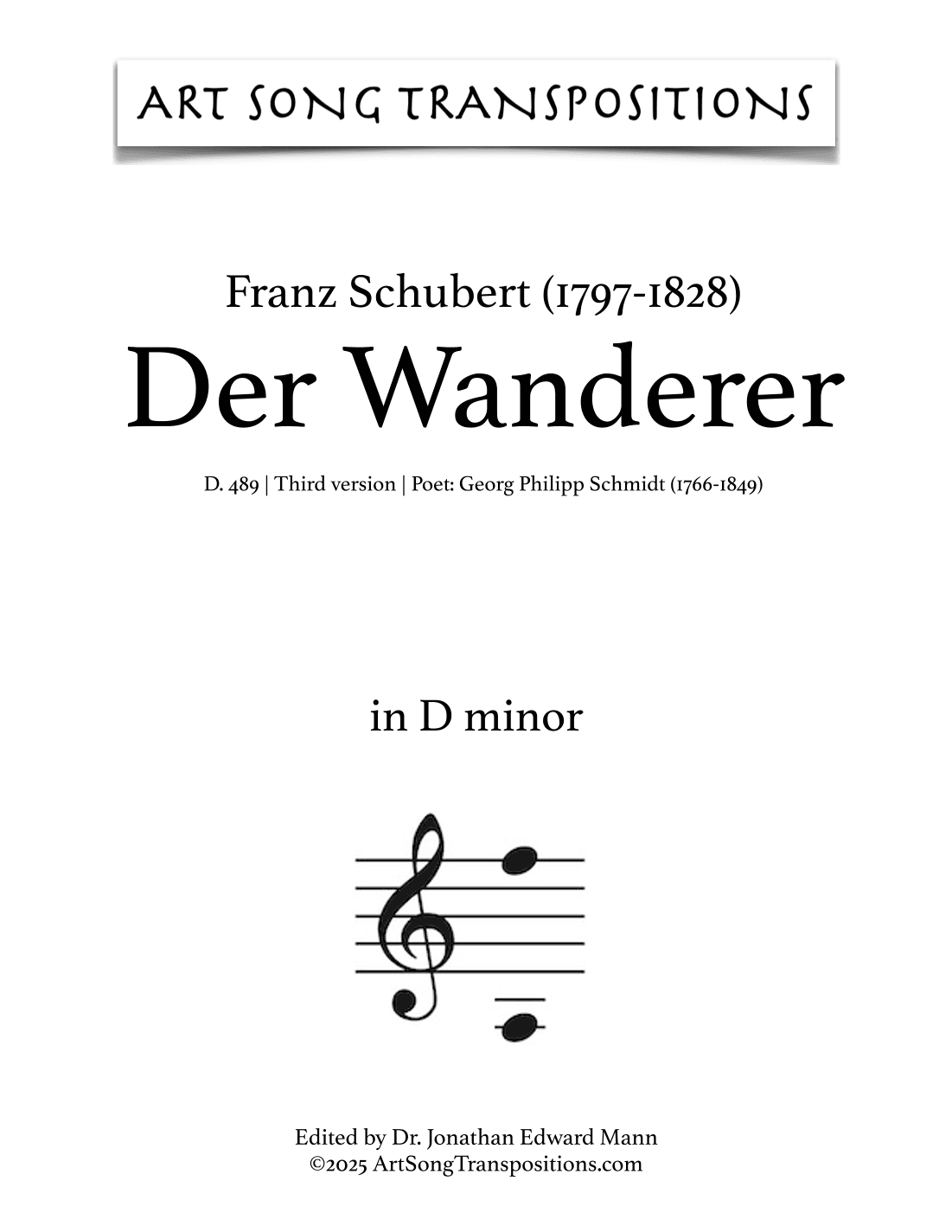 SCHUBERT: Der Wanderer, D. 493 (transposed to D minor) (arr. ArtSongTranspositions.com)