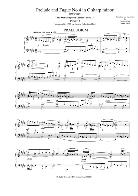 Bach - Prelude and Fugue No.4 in C sharp minor BWV 849 for Piano (arr. Santino Cara)