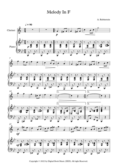 Melody In F - Anton Rubinstein (Clarinet + Piano) (arr. Digital Book Music)