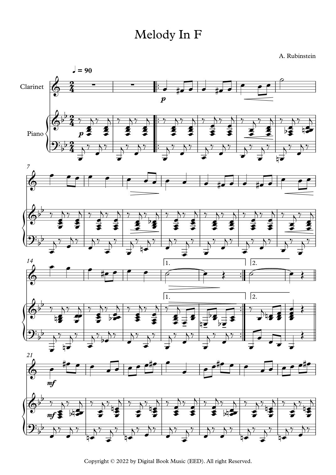 Melody In F - Anton Rubinstein (Clarinet + Piano) (arr. Digital Book Music)