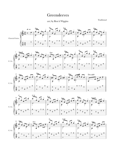 Greensleeves- Classical Guitar (arr. Ron k Wiggins)