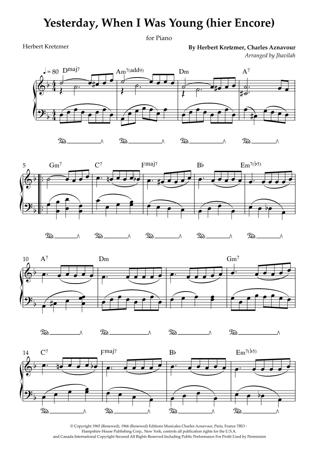 Yesterday, When I Was Young (hier Encore) (arr. Jhavilah)