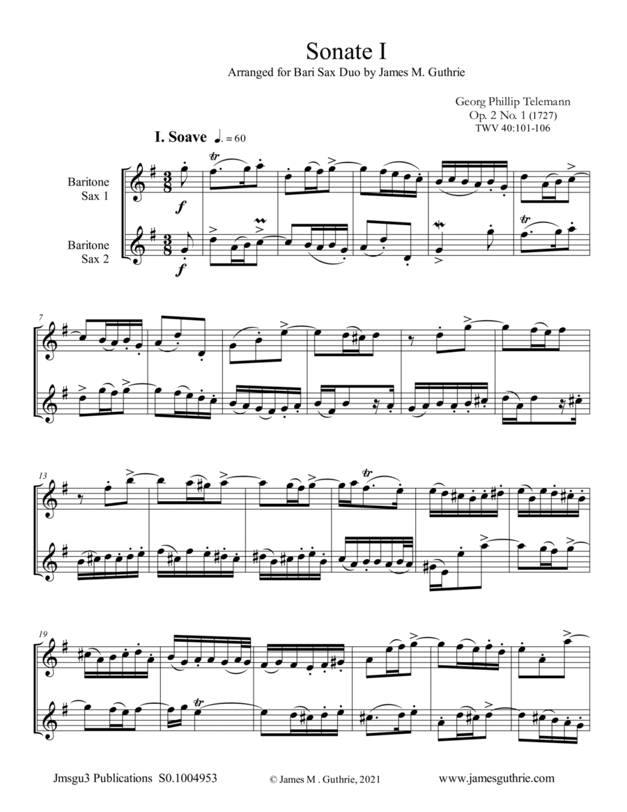 Telemann: Sonata Op. 2 No. 1 for Baritone Sax Duo (arr. James M. Guthrie)