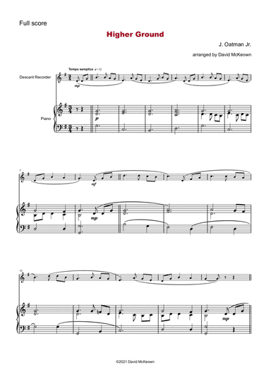 Higher Ground, Gospel Hymn for Descant Recorder and Piano (arr. David McKeown)