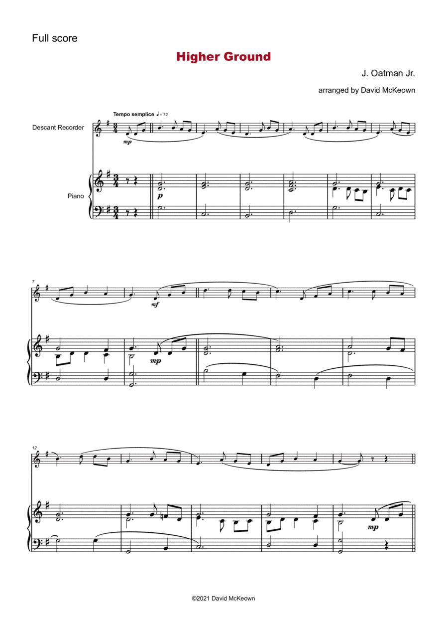 Higher Ground, Gospel Hymn for Descant Recorder and Piano (arr. David McKeown)