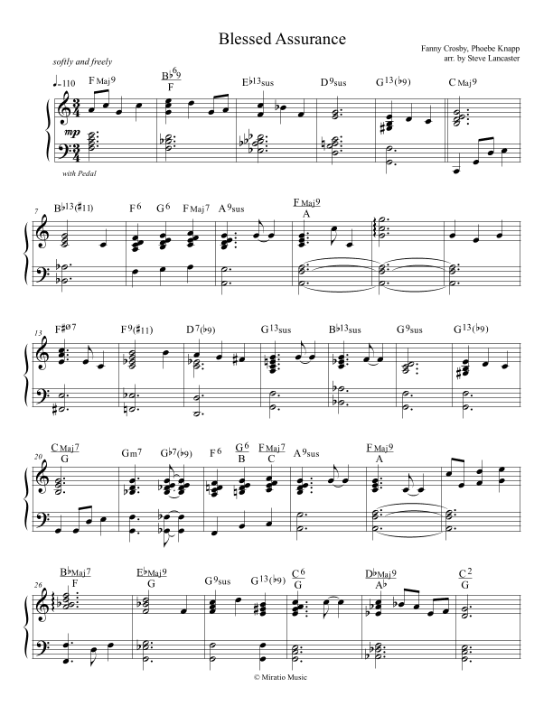 Blessed Assurance - quiet jazz arr. for solo piano (arr. Steve Lancaster)