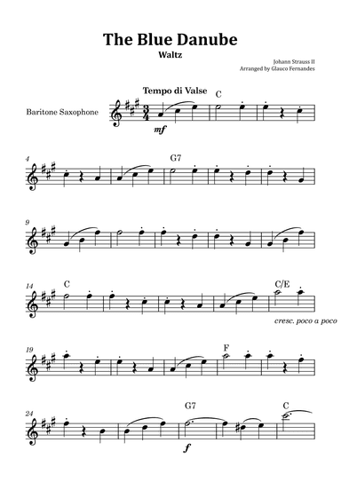The Blue Danube - Baritone Saxophone Solo with Chord Notations (arr. Glauco Fernandes)