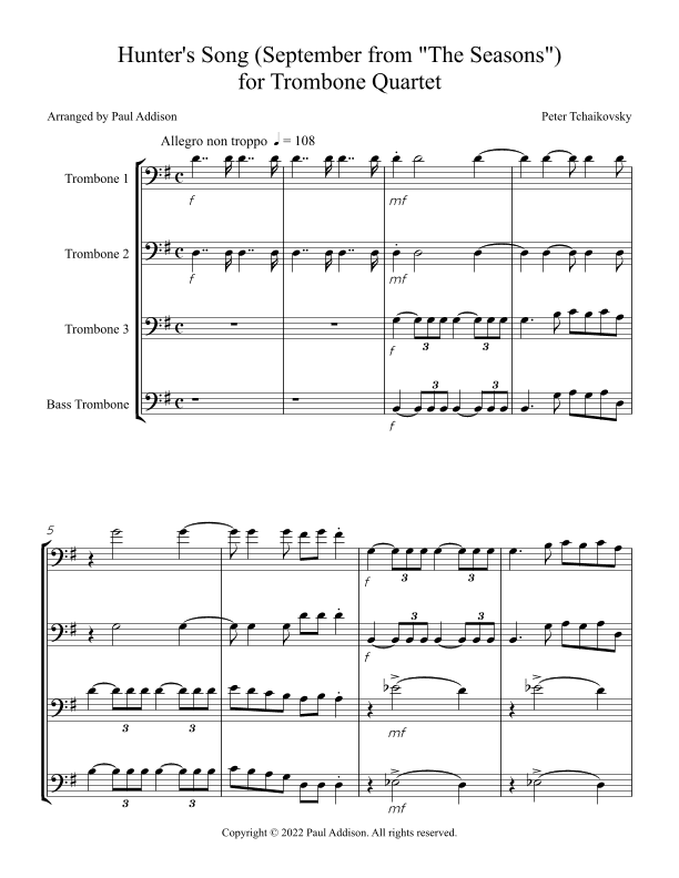 Hunter's Song (September from "The Seasons") for Trombone Quartet (arr. Paul Addison)