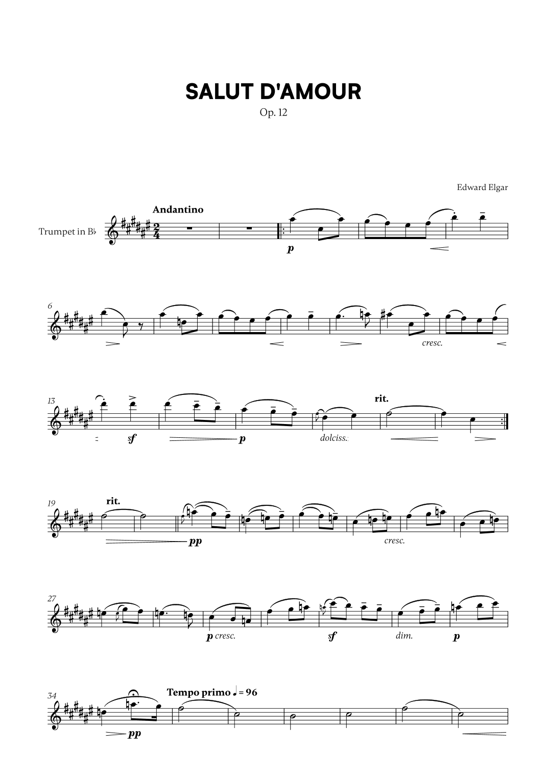 Edward Elgar - Salut d'Amour (for Trumpet in Bb Solo) (arr. Cadenza Editions)