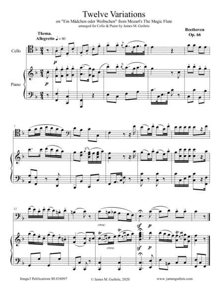 Beethoven: 12 Variations Op. 66 for Cello and Piano (arr. James M. Guthrie, ASCAP)