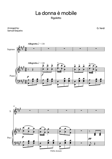 La donna è mobile - for soprano- in A (arr. Samuel Sequeira)