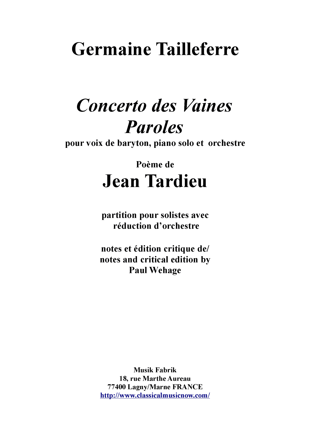 Germaine Tailleferre: Concerto des Vaines Paroles - piano vocal score