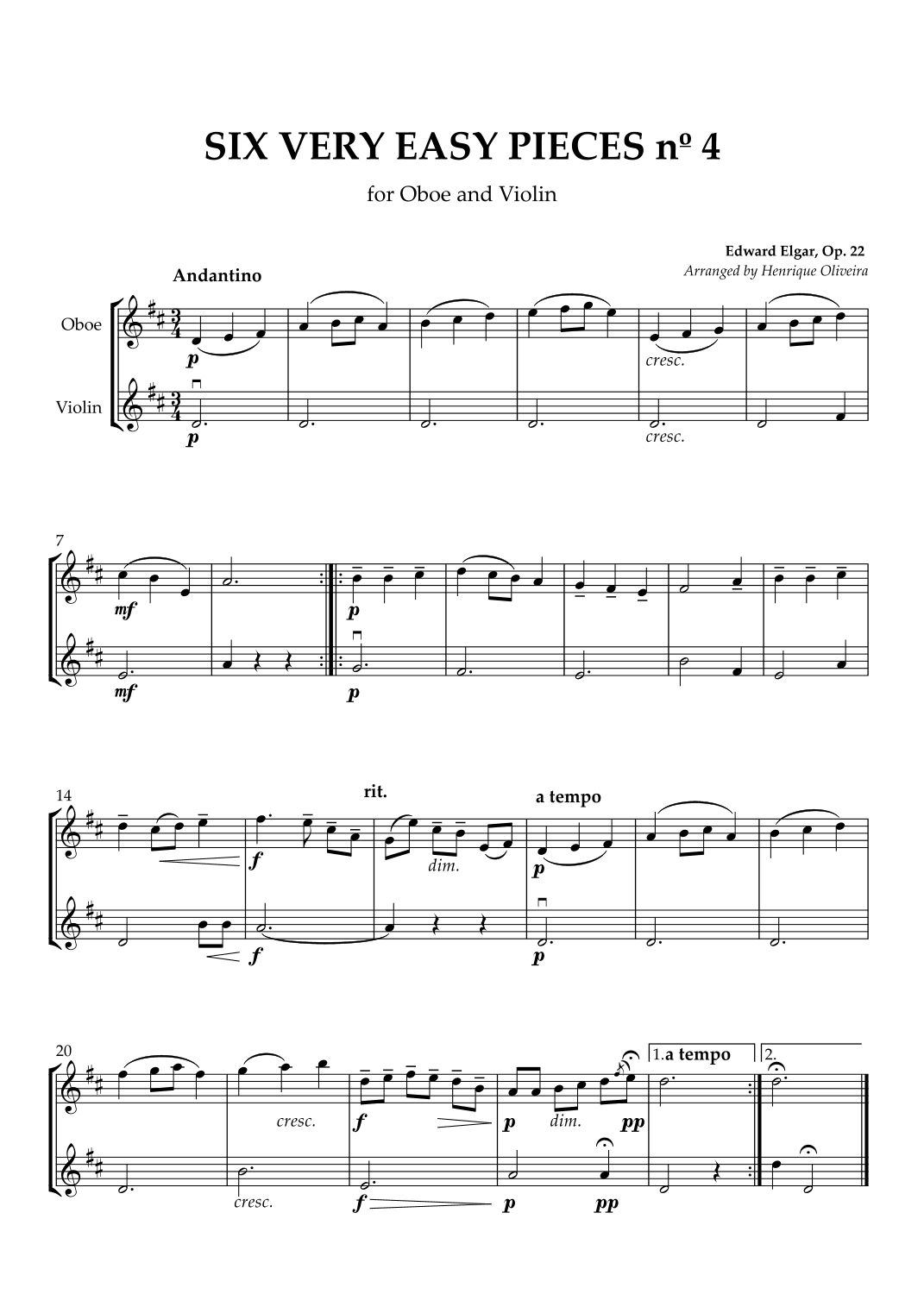 Six Very Easy Pieces nº 4 (Andantino) - Oboe and Violin (arr. Henrique Oliveira)