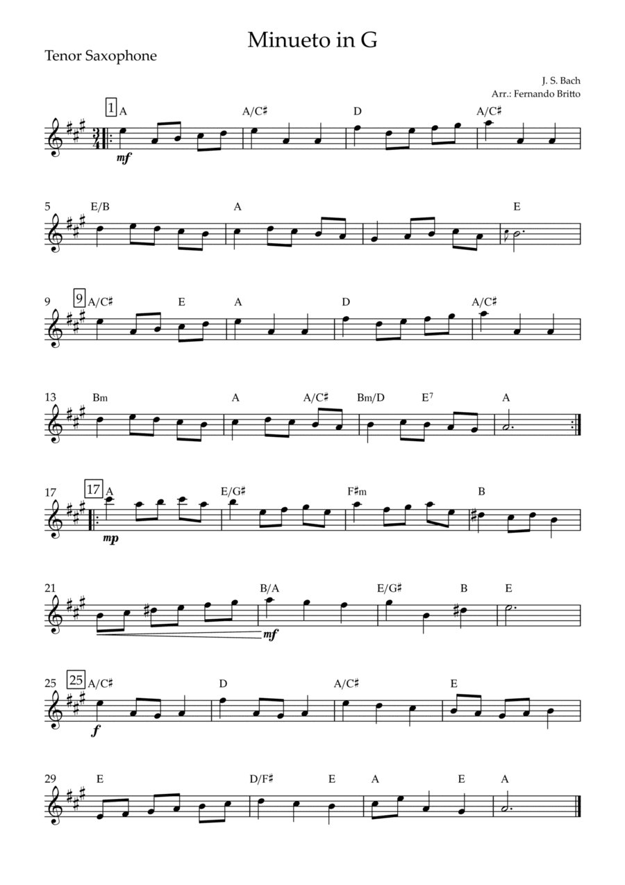 Minueto in G (J. S. Bach) for Tenor Saxophone Solo with Chords (arr. Fernando Britto)