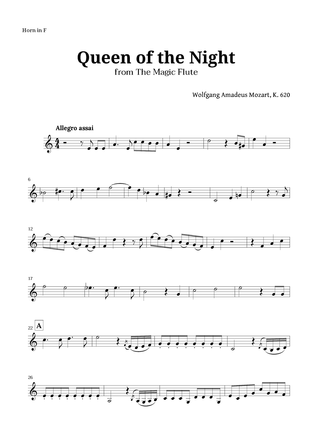 Queen of the Night by Mozart for French Horn Solo (arr. Langanho)