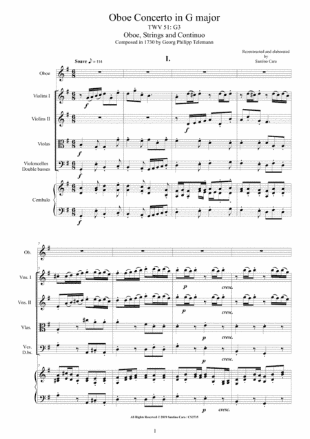 Telemann - Oboe Concerto in G major TWV 51-G3 for Oboe, Strings and Cembalo (arr. Santino Cara)
