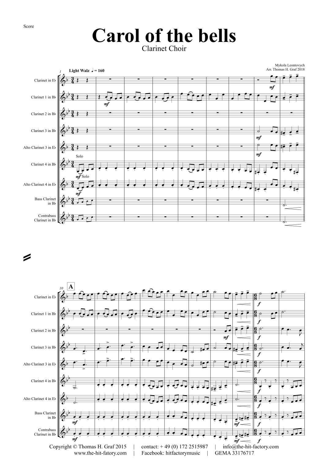 Carol of the Bells - Pentatonix style - Clarinet Choir - Ab (arr. Thomas H. Graf)