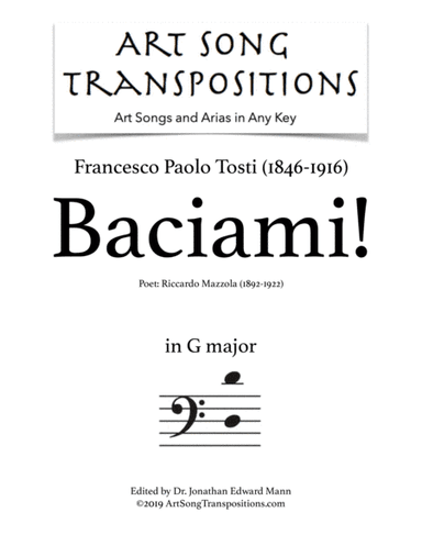 TOSTI: Baciami! (transposed to G major, bass clef) (arr. ArtSongTranspositions.com)