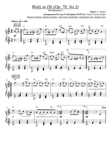 Chopin - Waltz in Db (Op. 70, No.3) (Posthumous.) - easy G-clef piano/harp (GCP/GCH) arrangement (arr. Dragoi Andrei Lucian)