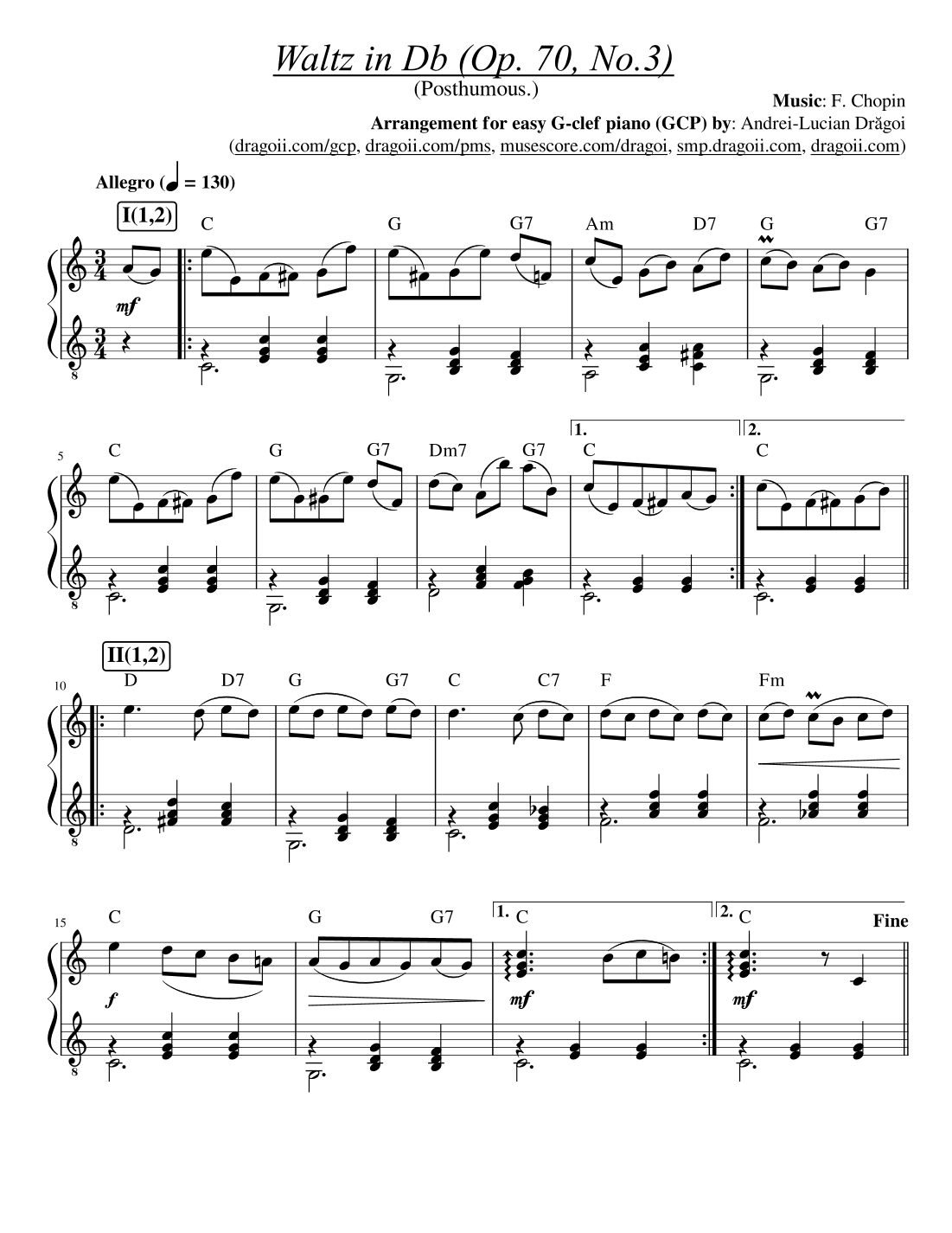 Chopin - Waltz in Db (Op. 70, No.3) (Posthumous.) - easy G-clef piano/harp (GCP/GCH) arrangement (arr. Dragoi Andrei Lucian)