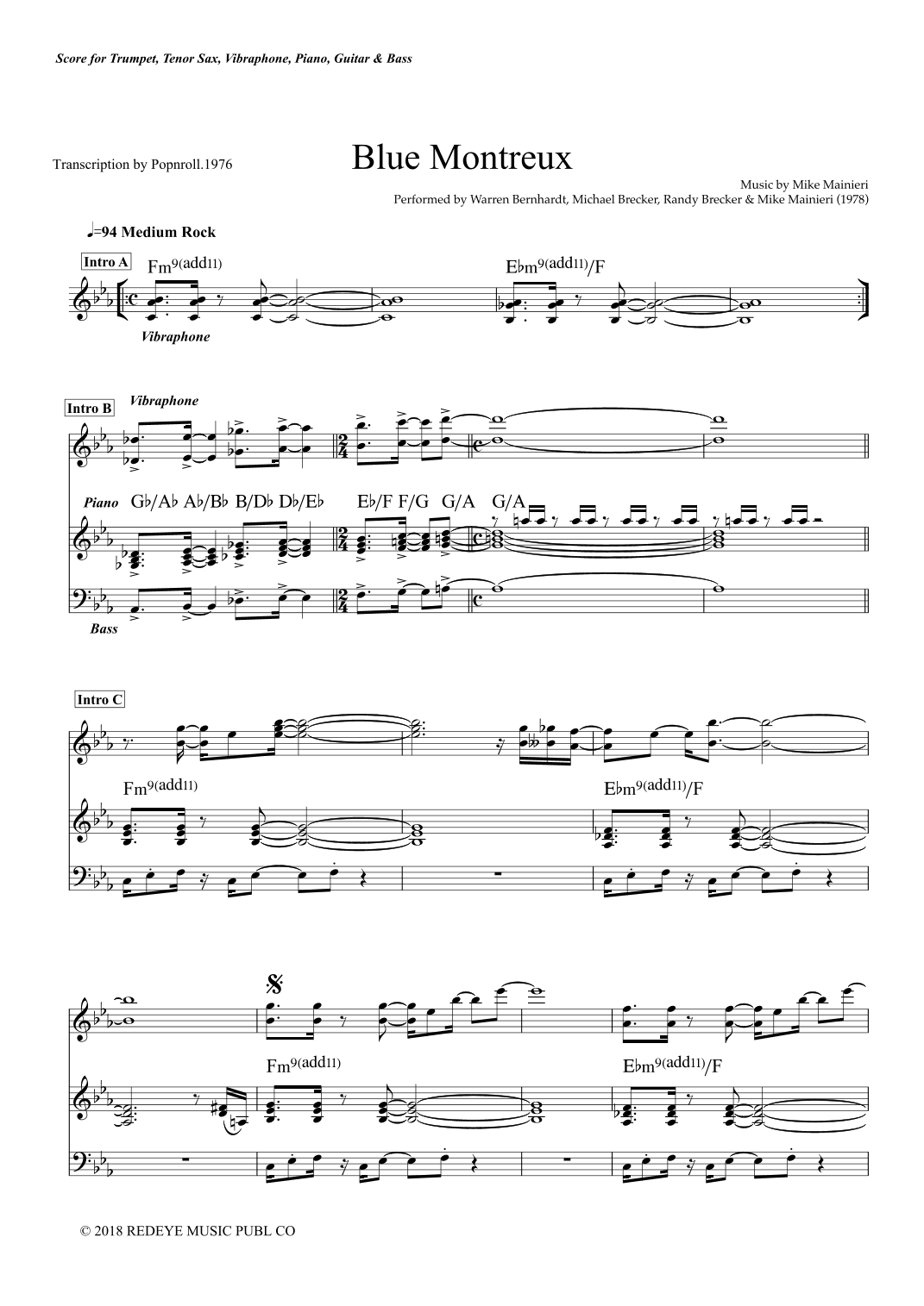 Blue Montreux - Score Only (arr. Popnroll-1976)