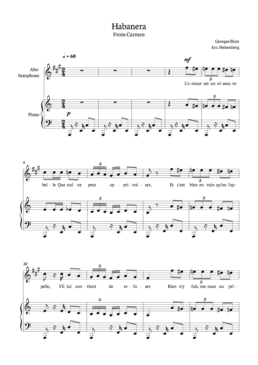 Habanera from Carmen for Alto Saxophone with piano. (arr. Heisenberg)