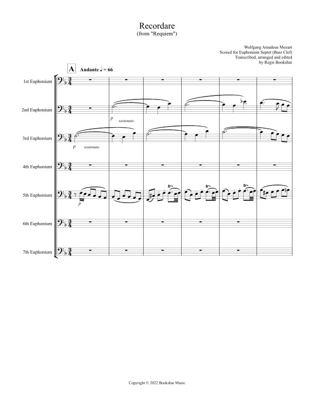 Recordare (from "Requiem") (F) (Euphonium Septet - Bass Clef) (arr. Regis Bookshar)