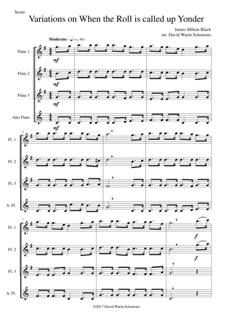 Variations on When the Roll Is Called Up Yonder for flute quartet (3 flutes and 1 alto flute) (arr. David Warin Solomons)
