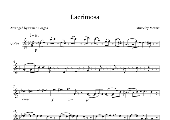 Lacrimosa in F Major - For Violin (arr. Braian Borges)