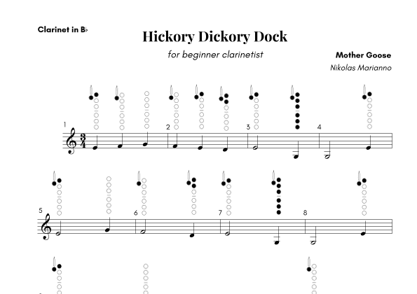 Hickory Dickory Dock for beginner clarinetist with finger chart (arr. Nikolas Marianno)