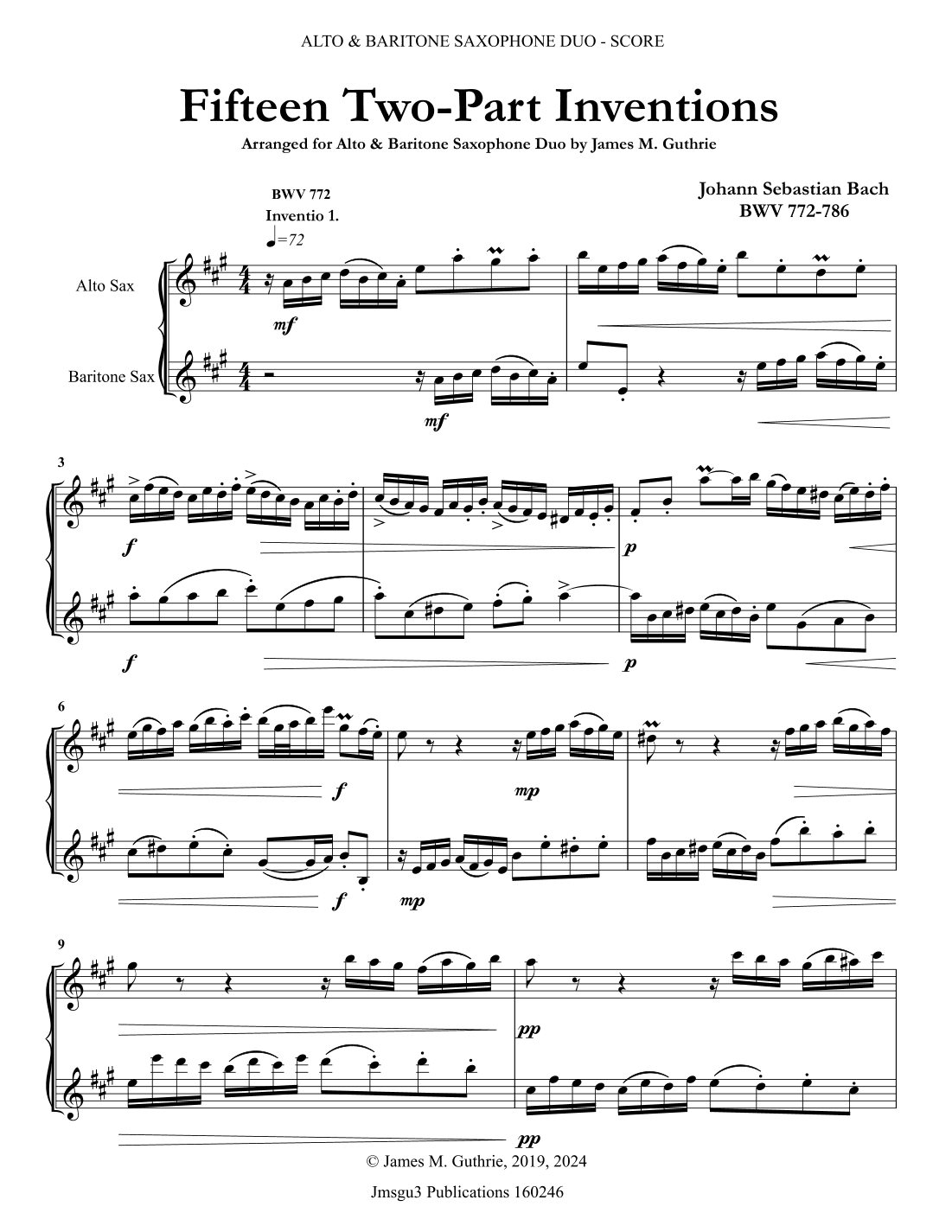 Bach: Fifteen Two-Part Inventions for Alto & Baritone Sax (arr. James M. Guthrie)