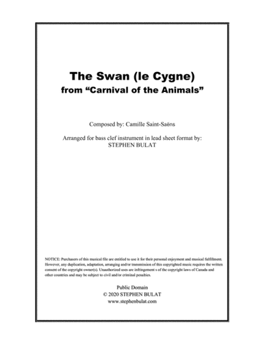 The Swan (Camille Saint-Saëns) - Lead sheet for bass clef instrument (key of A) (arr. Stephen Bulat)