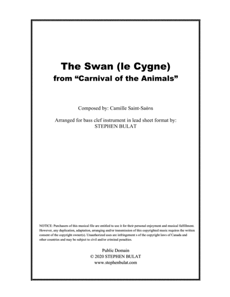 The Swan (Camille Saint-Saëns) - Lead sheet for bass clef instrument (key of A) (arr. Stephen Bulat)