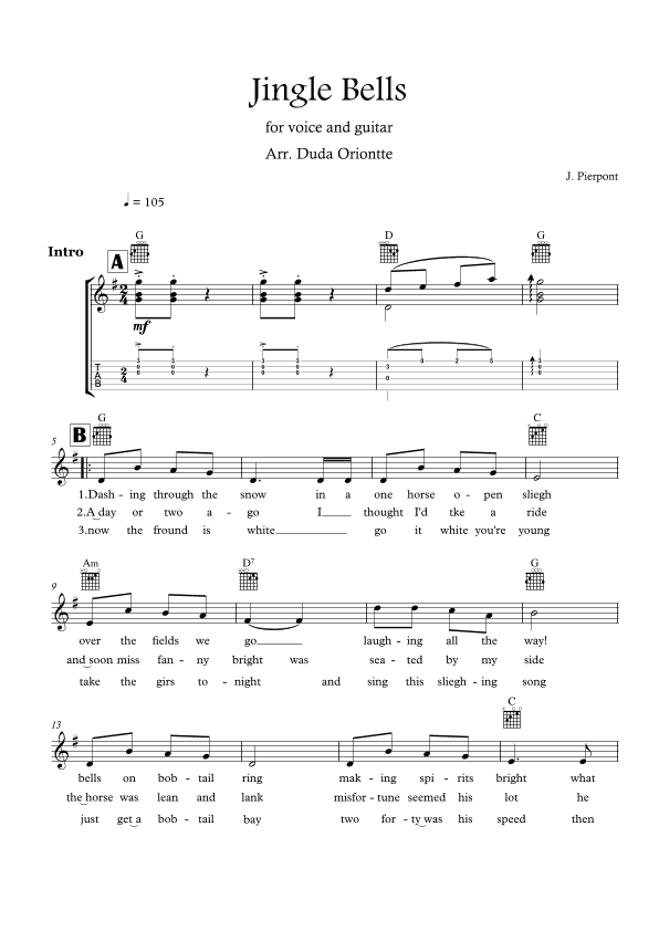 Jingle Bells (G major - TABS - with lyrics) (arr. Duda Oriontte)