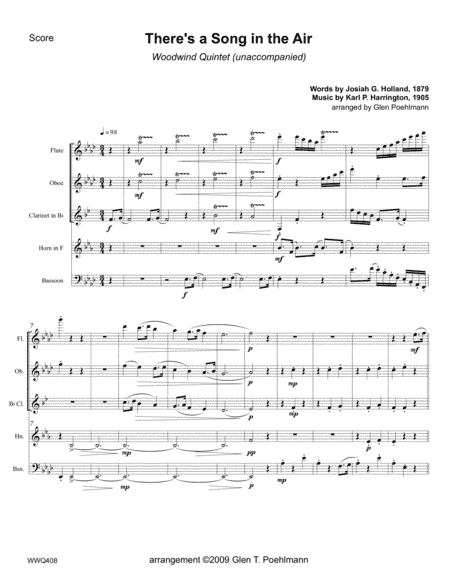 THERE'S A SONG IN THE AIR for unaccompanied WOODWIND QUINTET (arr. Glen Poehlmann)