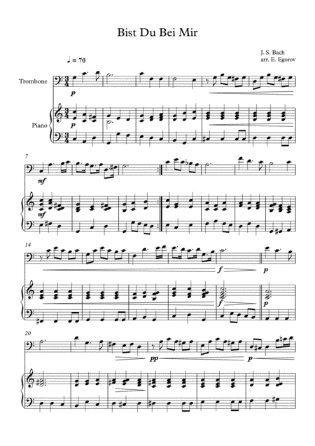 Bist Du Bei Mir, Johann Sebastian Bach, For Trombone & Piano