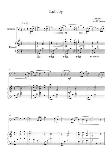 Lullaby, Johannes Brahms, For Bassoon & Piano (arr. Eugene Egorov)
