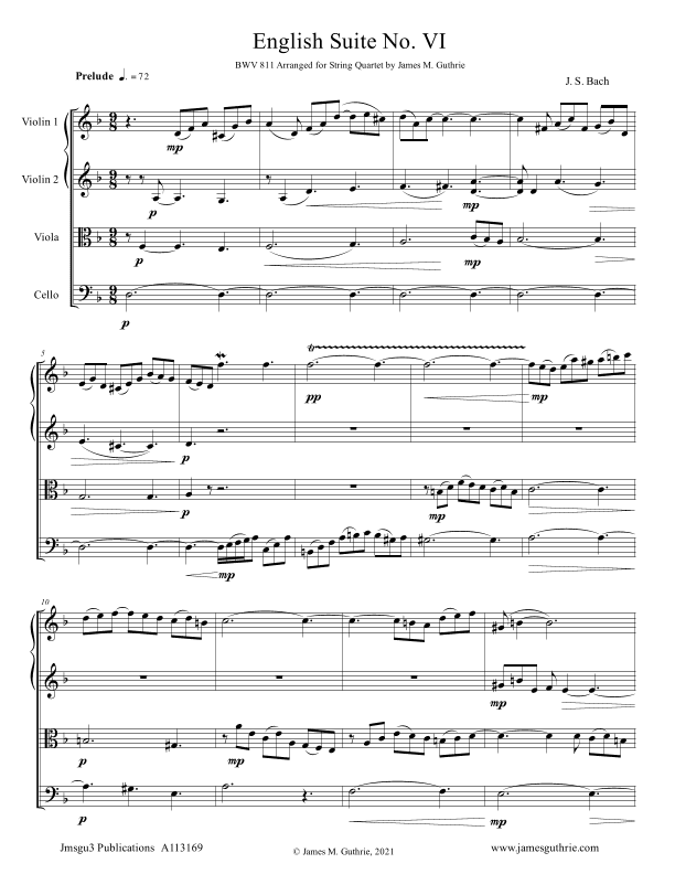 BACH: English Suite No. 6 BWV 811 for String Quartet (arr. James M. Guthrie)