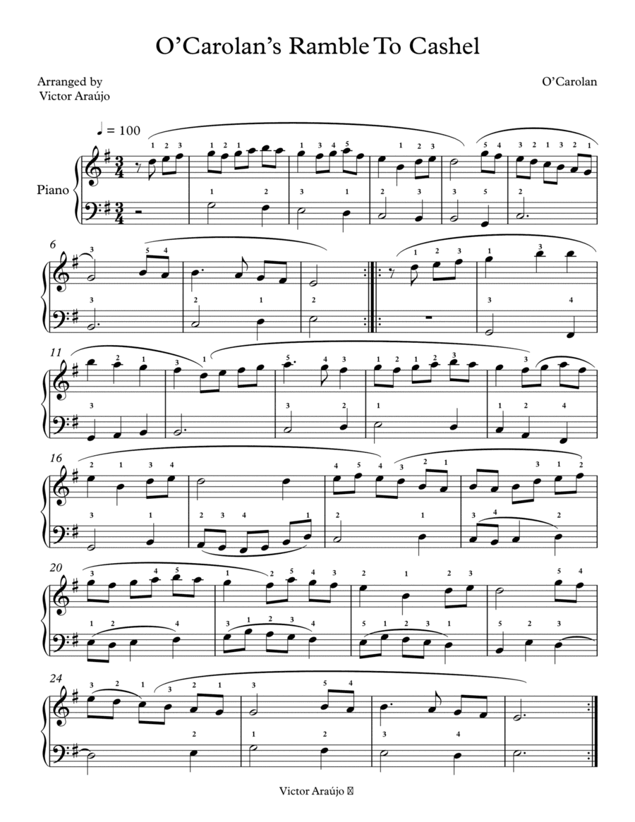 O'Carolan's Ramble to Cashel piano sheet music fingered (arr. Arezzo Music)
