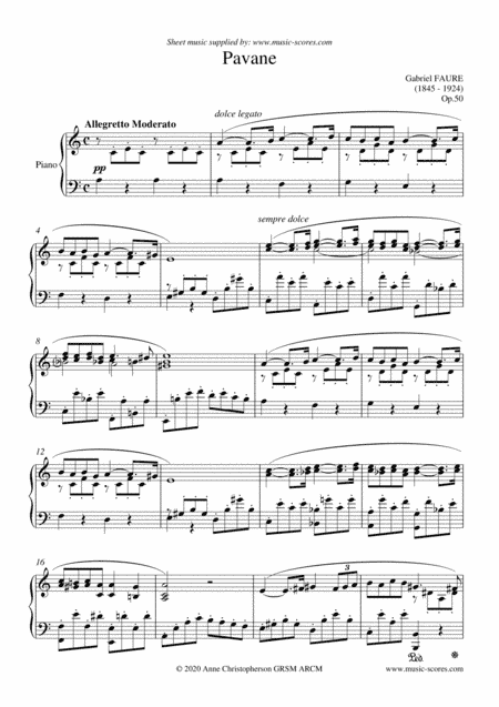 Faure Op.50 Pavane - Piano - A Minor (arr. Anne Christopherson GRSM ARCM)