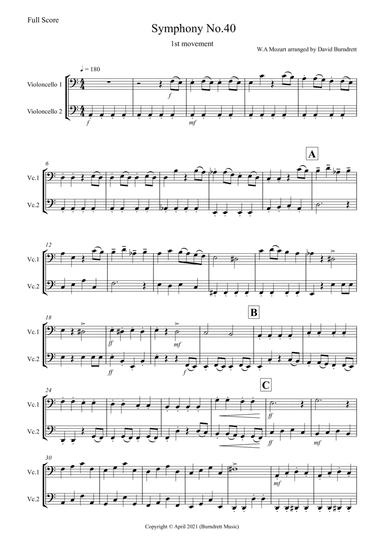 Symphony No.40 (1st movement) for Cello Duet (arr. David Burndrett)