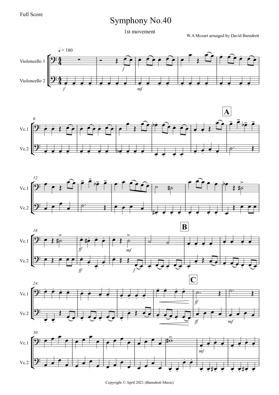 Symphony No.40 (1st movement) for Cello Duet (arr. David Burndrett)