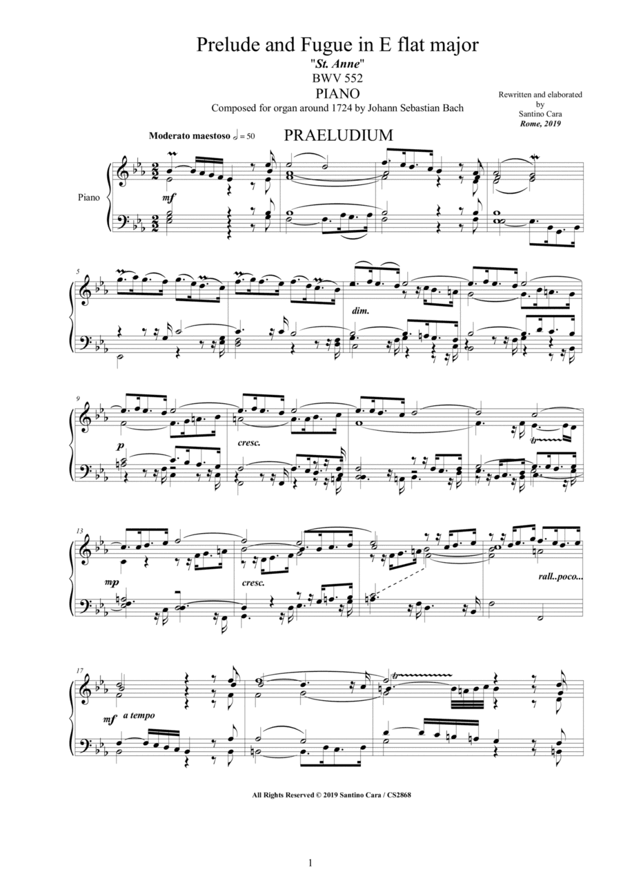 Bach - Prelude and Fugue in E flat major -St. Anne- BWV 552 for Piano (arr. Santino Cara)