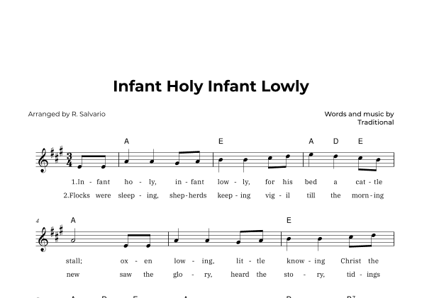 Infant Holy Infant Lowly (Key of A Major) (arr. R. Salvario)