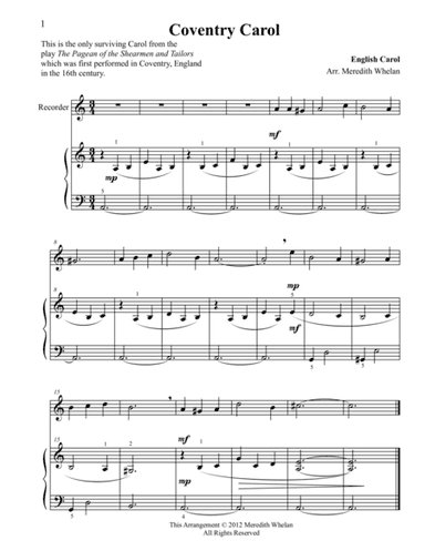 Christmas Duets for Recorder & Piano:  Coventry Carol (arr. Meredith Whelan)