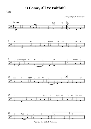 O Come, All Ye Faithful - Tuba Solo with Chords (arr. P.H. Damasceno)