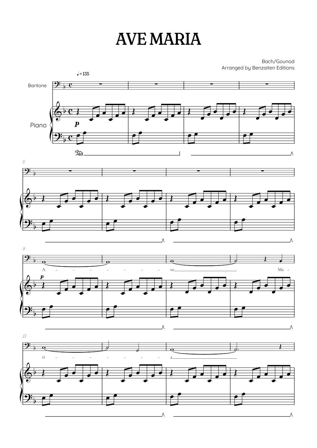 Bach / Gounod Ave Maria in F major • baritone sheet music with piano accompaniment (arr. Benzaiten Editions)