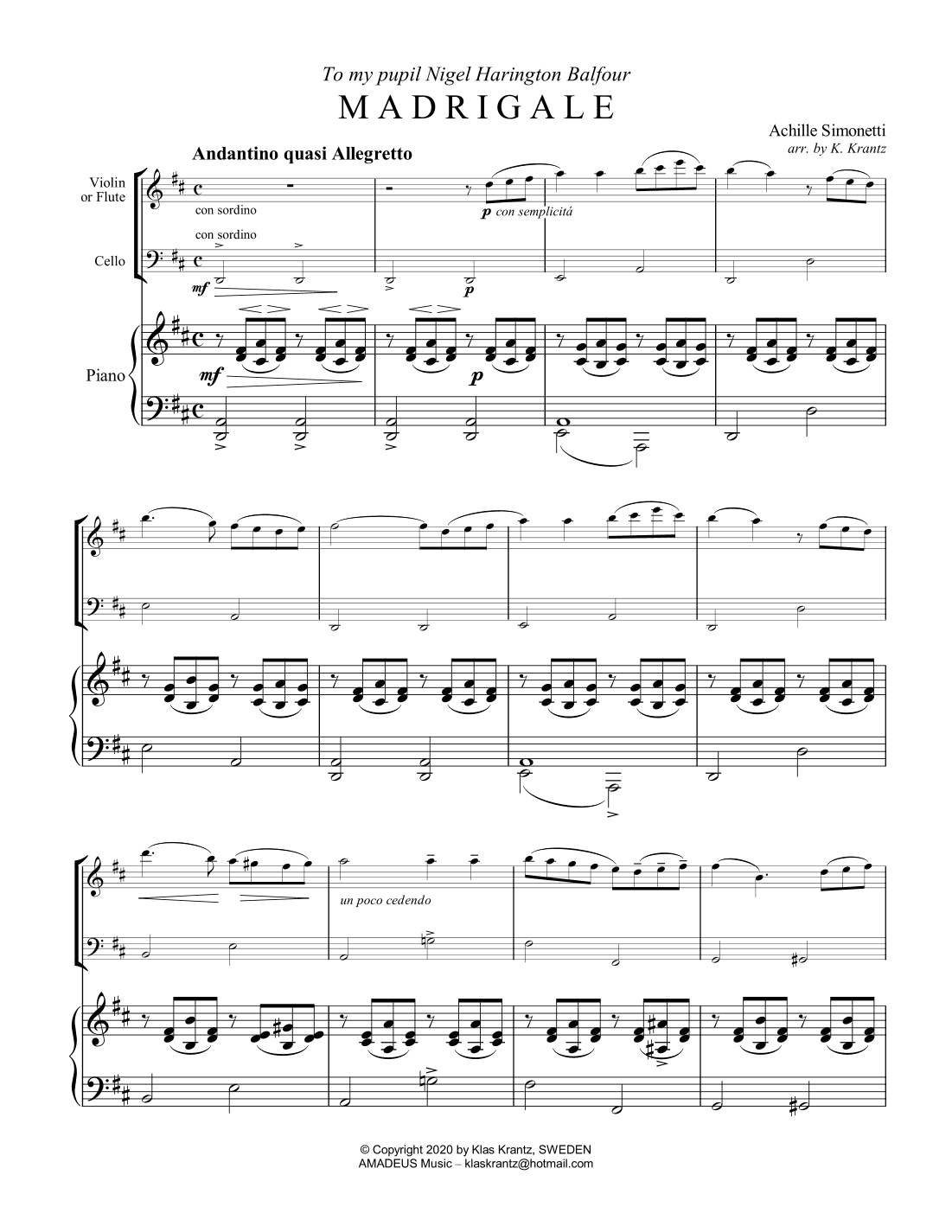 Madrigale for easy piano trio (arr. K. Krantz)